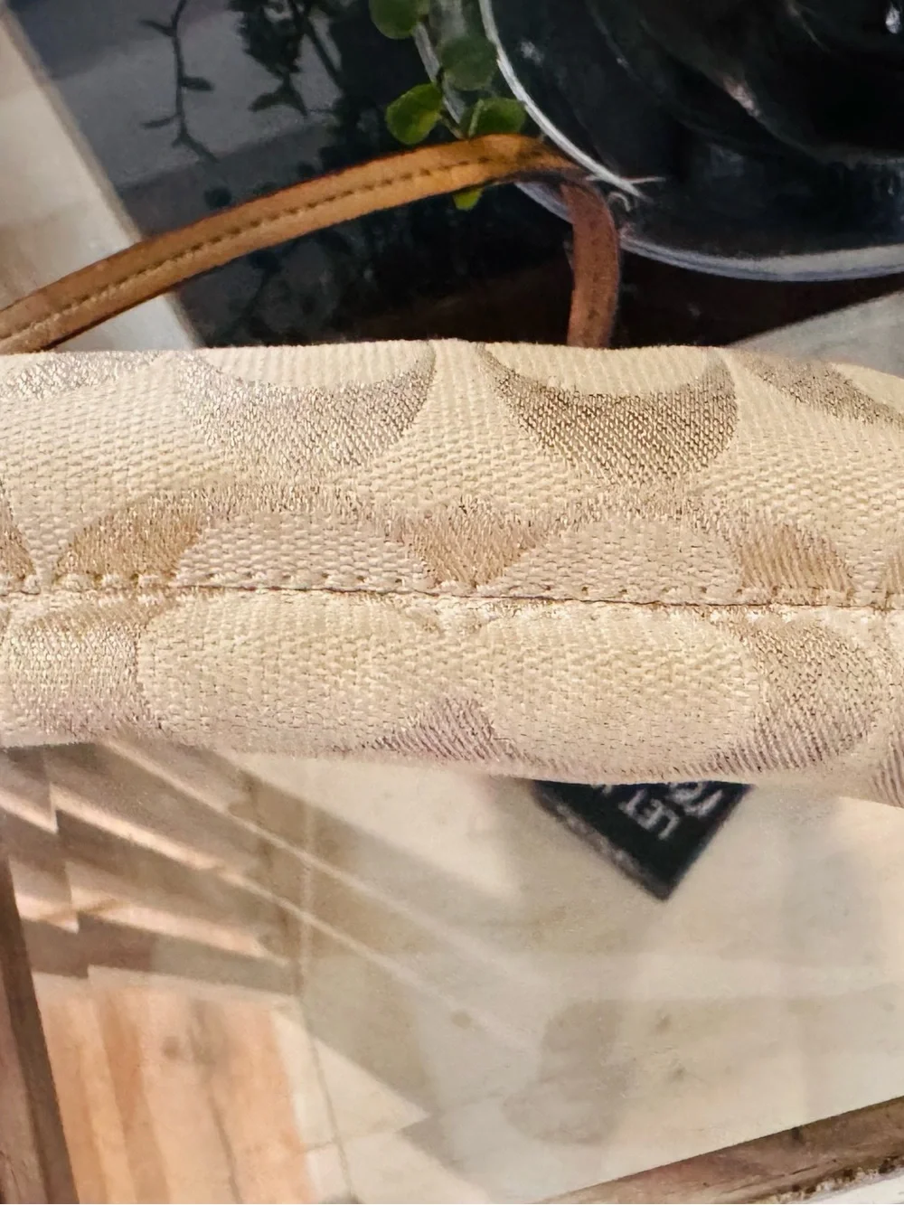 Coach Beige Signature Wristlet with Leather Trim